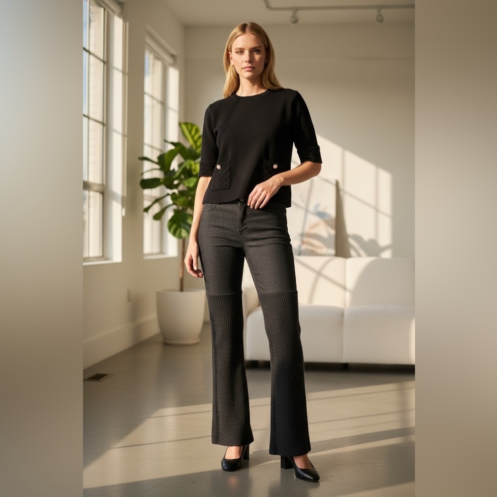 CHANEL  Boot-Cut Knit-Panel Pants Gray Jeans Wool Cashmere Women’s Size 38